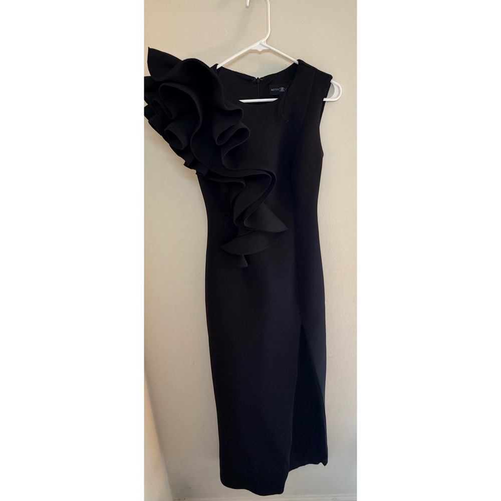 Betsy & Adam Black Scuba Ruffle Shoulder Maxi Dress Side Slit Size 2 Formal Gown - Picture 4 of 9